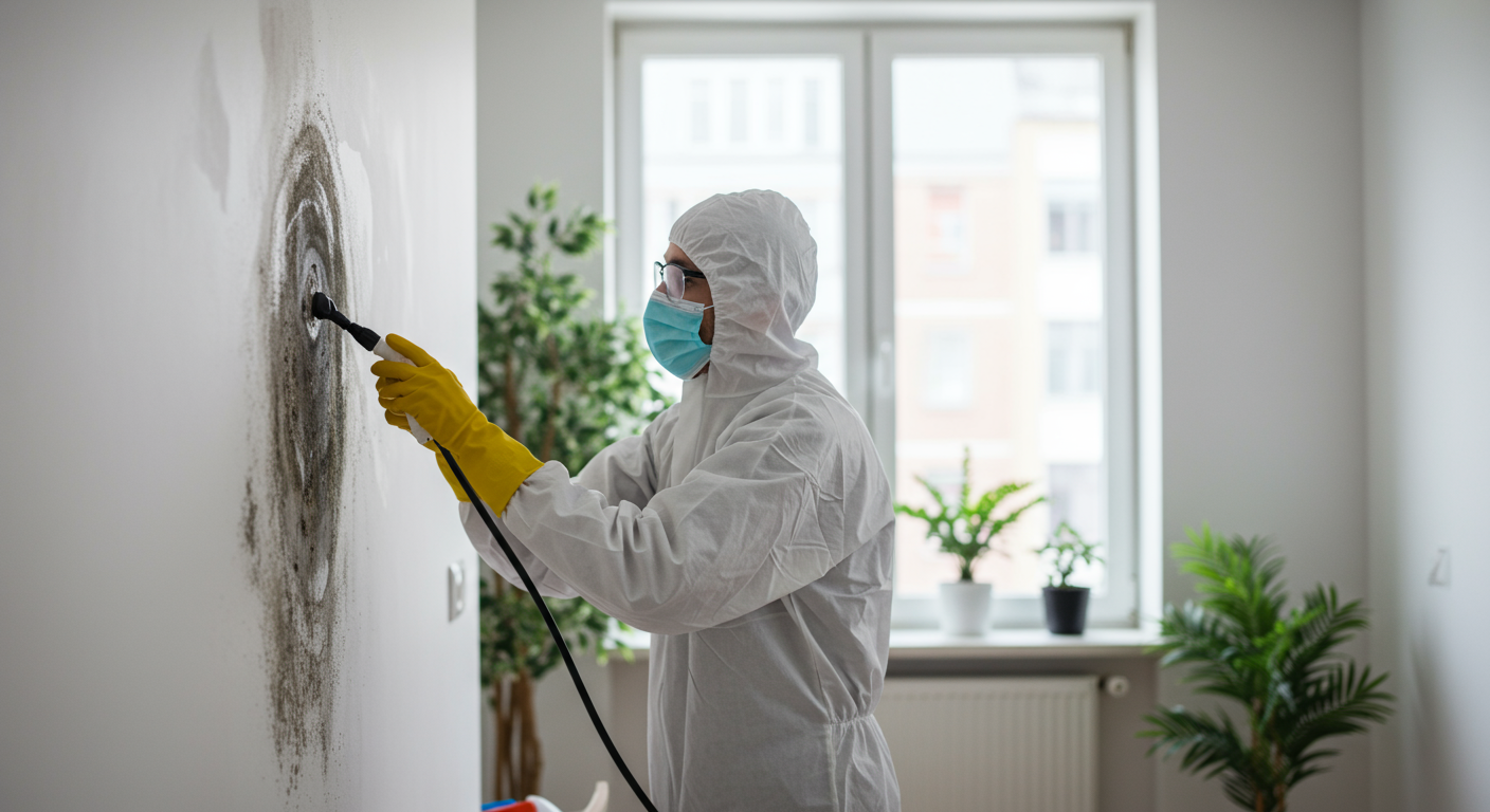 A technician in protective gear using eco-friendly cleaning solutions to treat mold on a wall in a home. The background shows a bright, airy room with plants, emphasizing a healthy living environment.