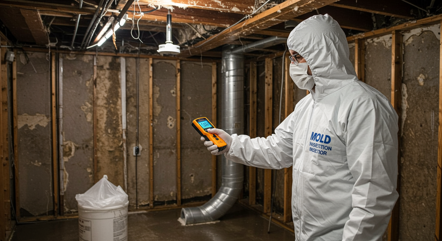 A mold inspector using a moisture meter to check for mold in a basement. The setting includes visible signs of water damage, emphasizing the importance of thorough inspections in mold remediation.