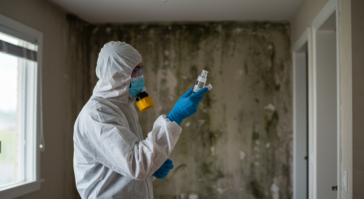A professional in protective gear inspecting a home for mold. The background shows a well-lit room with visible signs of mold on the walls, highlighting the importance of professional remediation.
