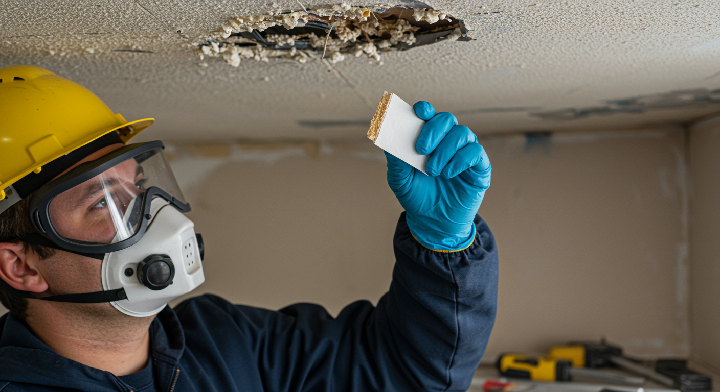 A close-up of a professional wearing protective gear while collecting a sample from a popcorn ceiling. The background shows a well-lit room with tools laid out, emphasizing the safety measures taken.