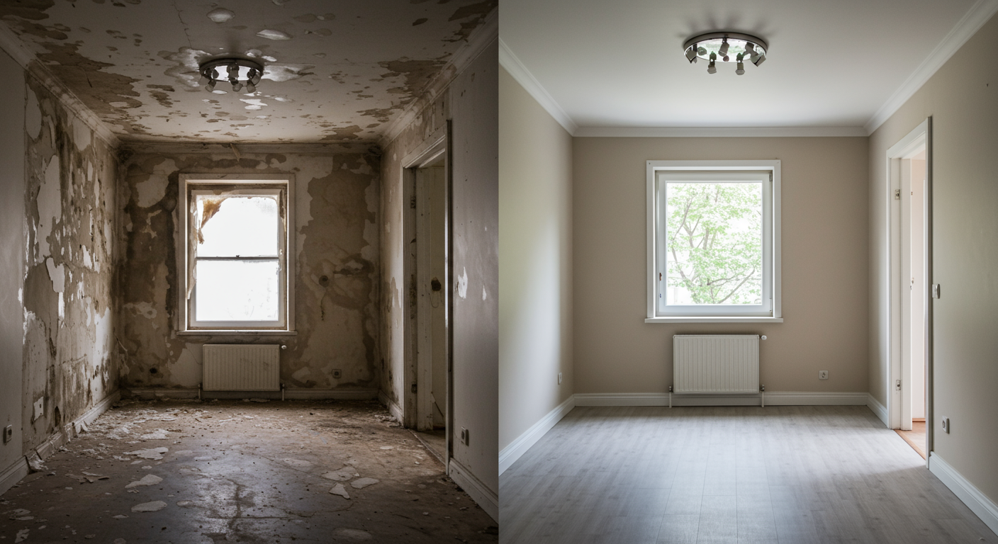 A side-by-side comparison of a mold-infested room and the same room after professional remediation, showcasing the transformation. This visual emphasizes the effectiveness of professional services.