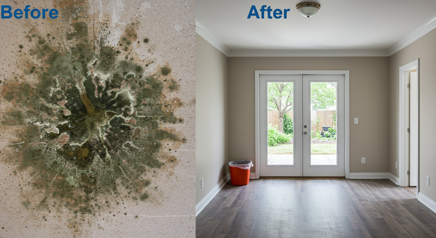 A before-and-after comparison of a mold-infested area and the same area after professional mold removal. The transformation is clear, showcasing the effectiveness of the service.