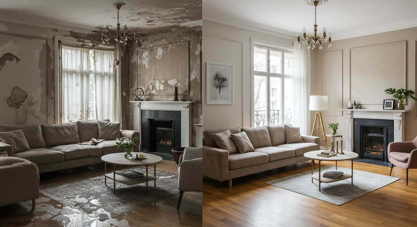 A split image showcasing a living room affected by water damage on one side and the same room beautifully restored on the other. The contrast highlights the effectiveness of the restoration process.