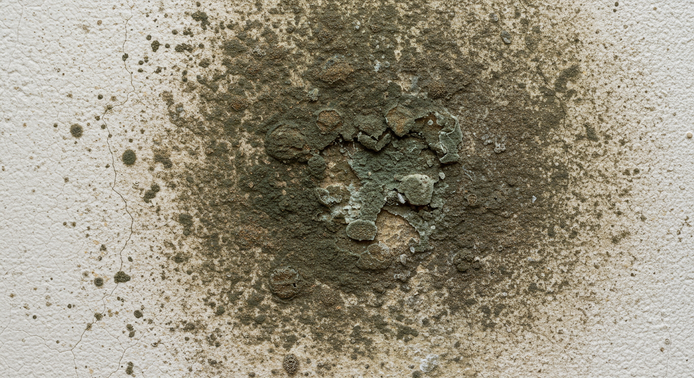 A close-up shot of a damp wall with visible mold growth, highlighting the texture and color variations of the mold. The image captures the seriousness of mold presence in a home environment.