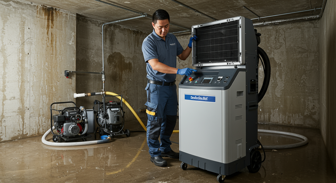 A technician using a high-powered dehumidifier in a flooded basement, with water extraction equipment in the background.
