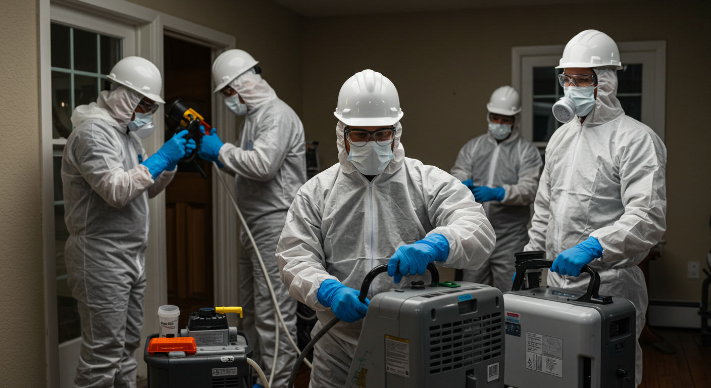 A team of certified mold remediation professionals in protective gear actively working to remove mold from a residential property. They are using specialized equipment, such as air scrubbers and dehumidifiers, showcasing their expertise.