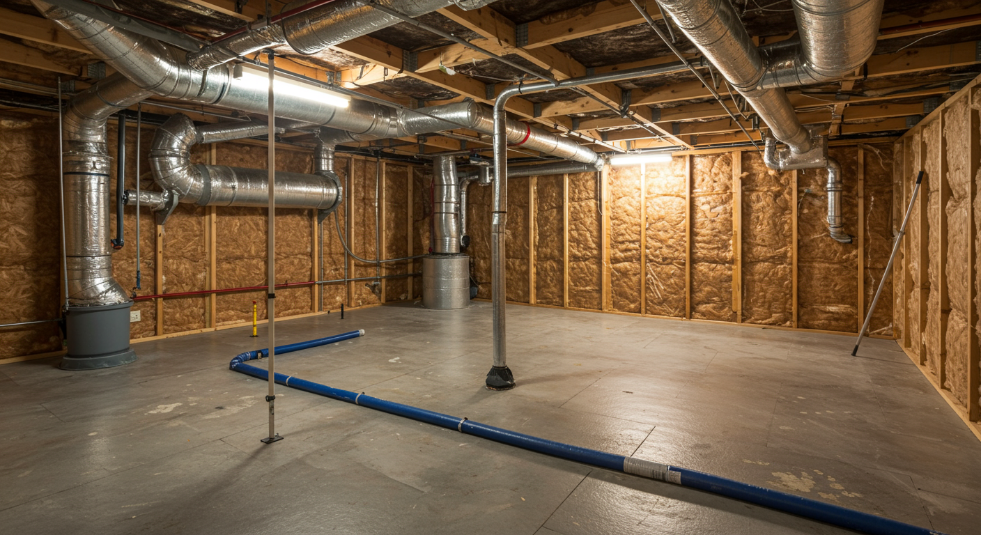 A well-encapsulated crawl space showcasing a clean, dry environment with a bright, well-lit atmosphere. The image highlights the encapsulation materials used, such as vapor barriers and insulation.