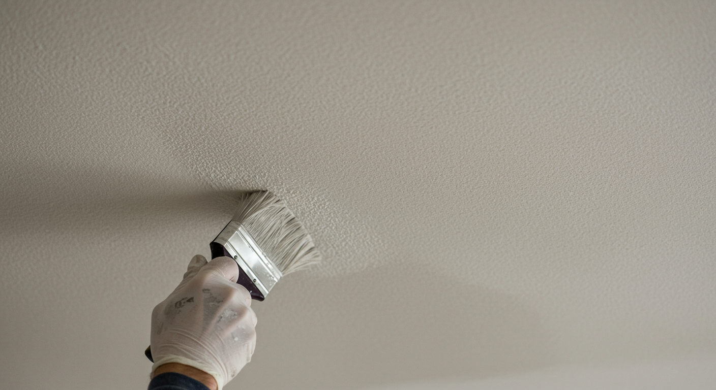A close-up of a smooth ceiling after popcorn removal, with a painter applying a fresh coat of paint. The focus is on the smooth texture and the painting process.