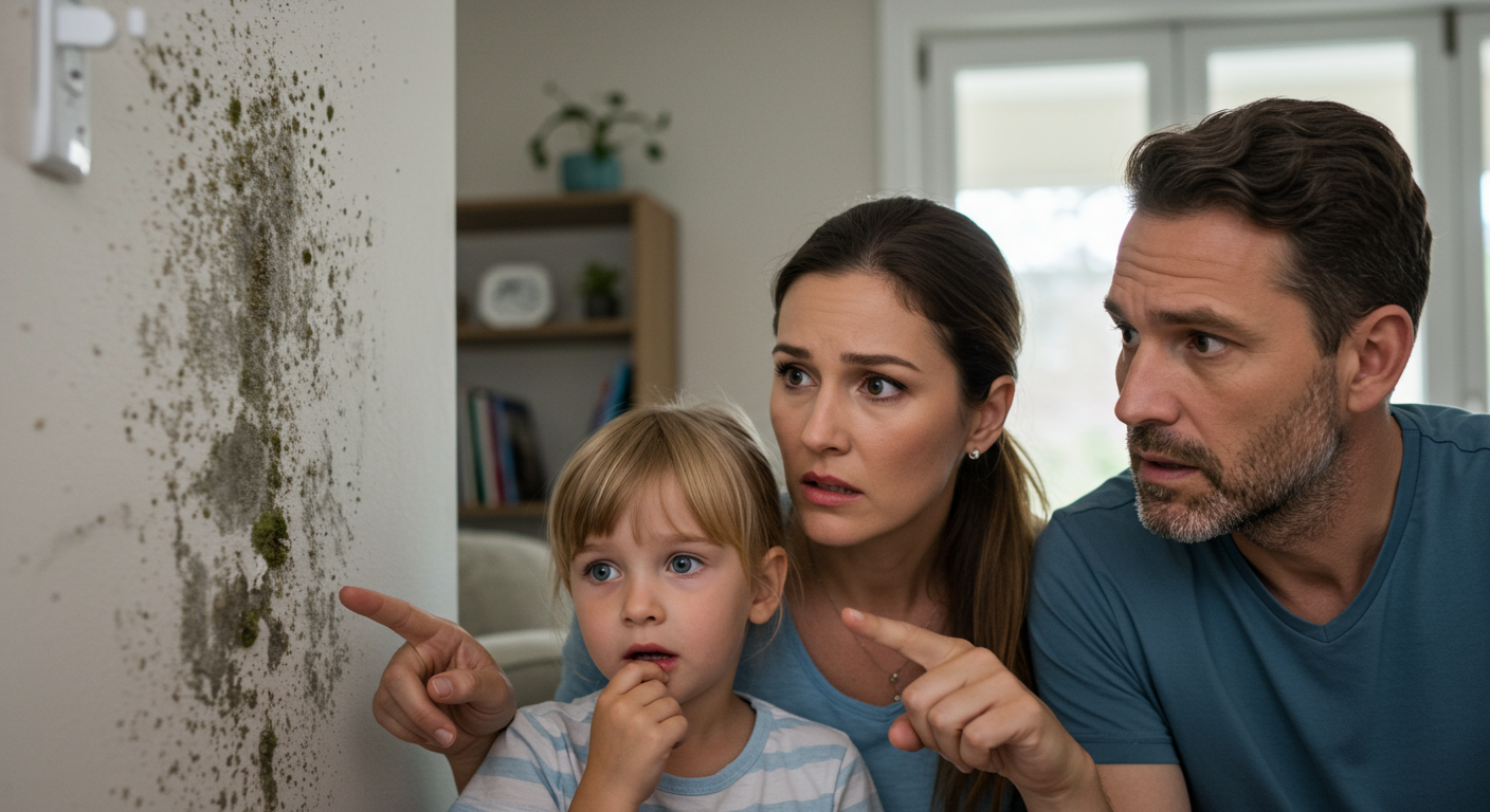A close-up of a family in a living room, looking concerned while pointing at visible mold on the wall. The image captures the emotional impact of mold exposure on health.