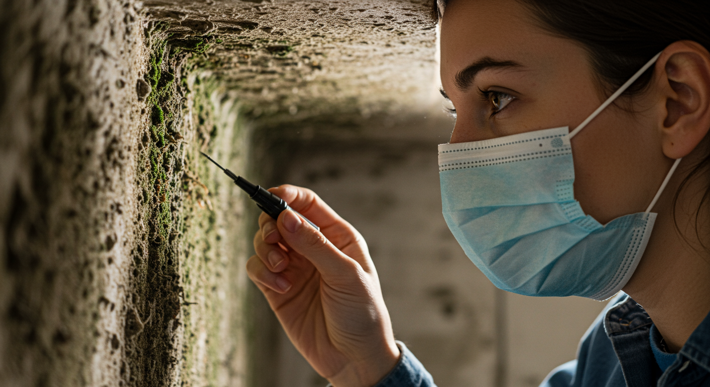 A close-up of a person wearing a mask while inspecting a moldy area, illustrating the health risks associated with mold exposure.