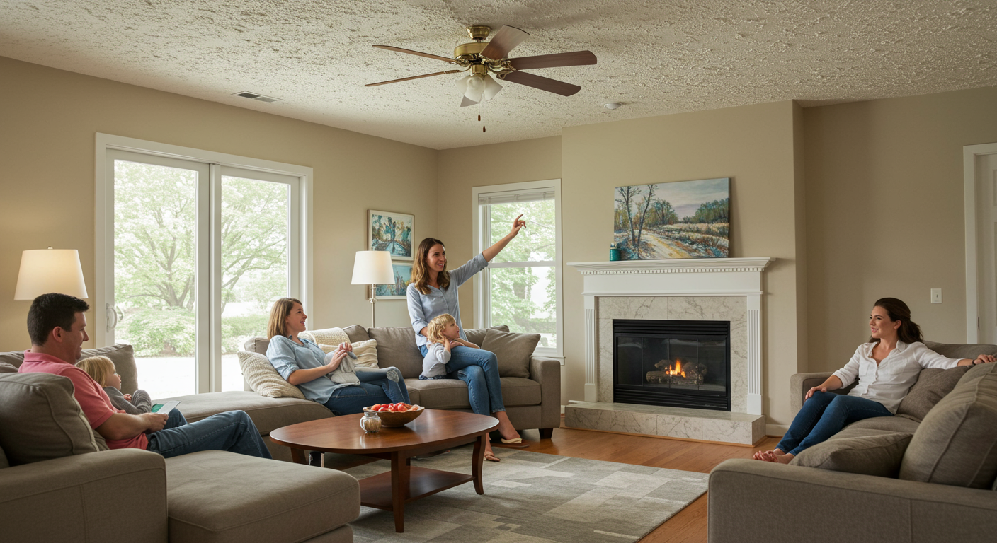 An image illustrating a clean, well-lit room with a family enjoying their space after popcorn ceiling removal. This emphasizes the health benefits and improved living conditions post-removal.
