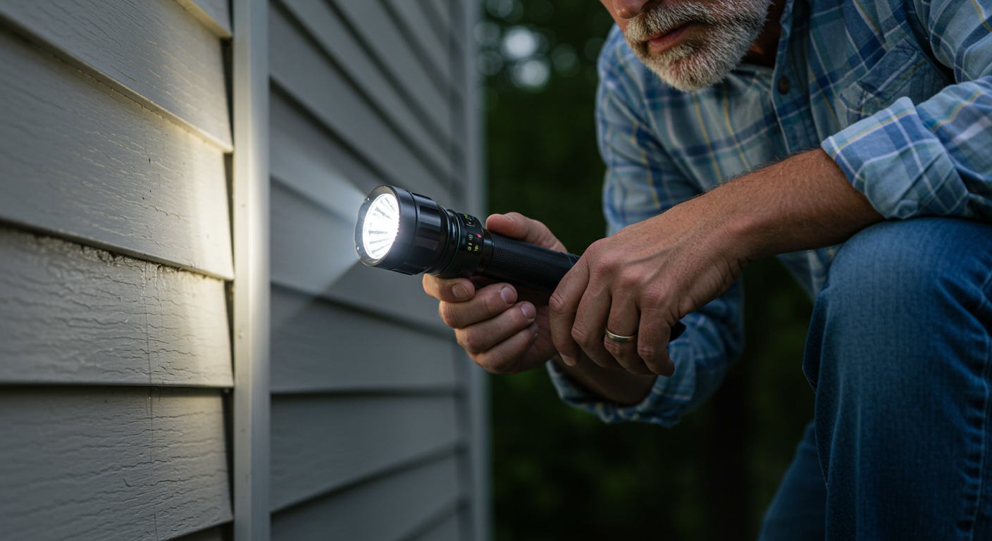 A homeowner inspecting their property with a flashlight, looking for signs of water damage, emphasizing the importance of regular inspections.