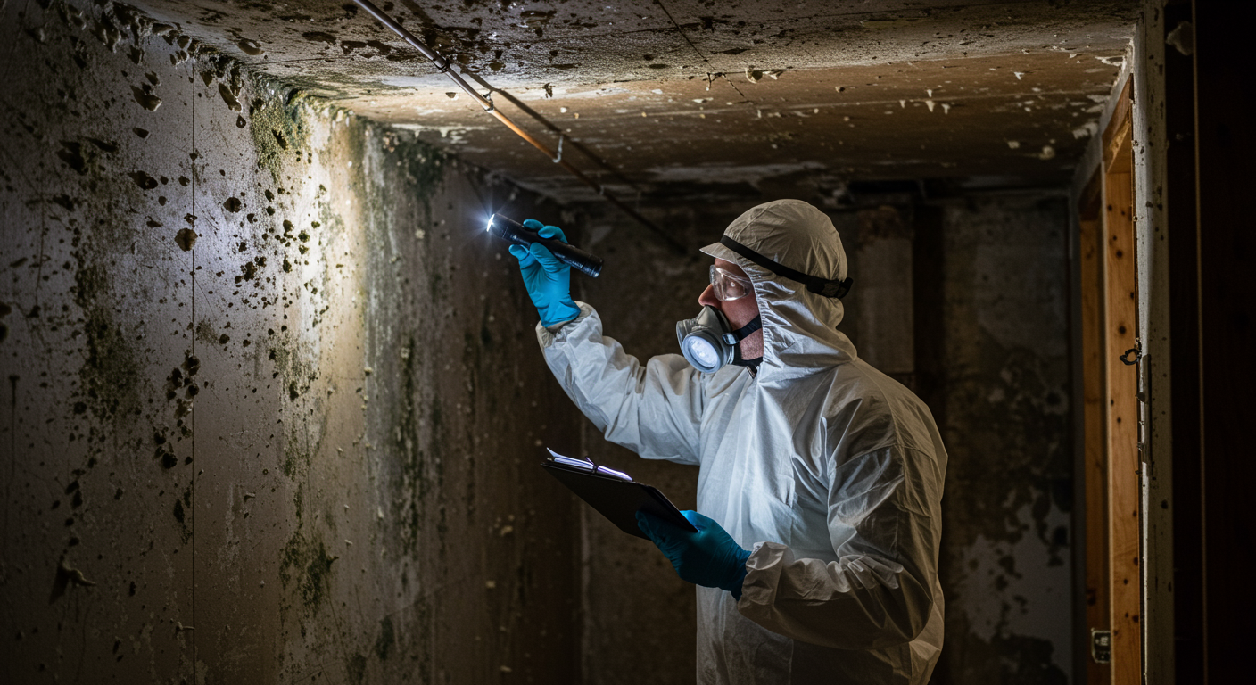 Professional mold inspector examining a basement