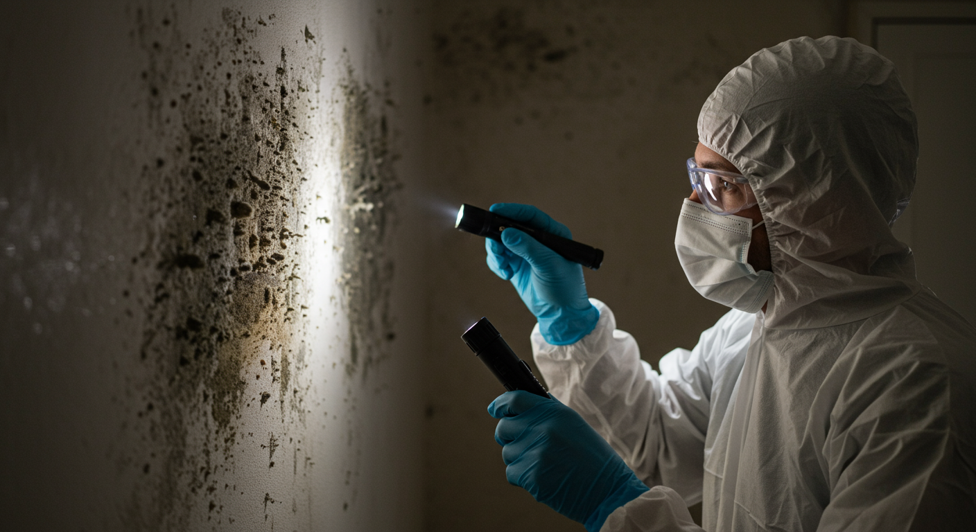 A professional wearing protective gear is inspecting a wall for mold growth using a flashlight. The focus is on the mold patches on the wall, highlighting the importance of thorough inspection.
