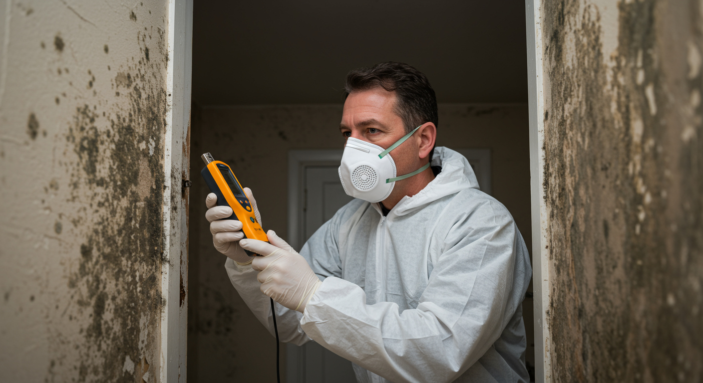 A certified mold remediation professional inspecting a home with a moisture meter, looking closely at a wall with visible mold patches.