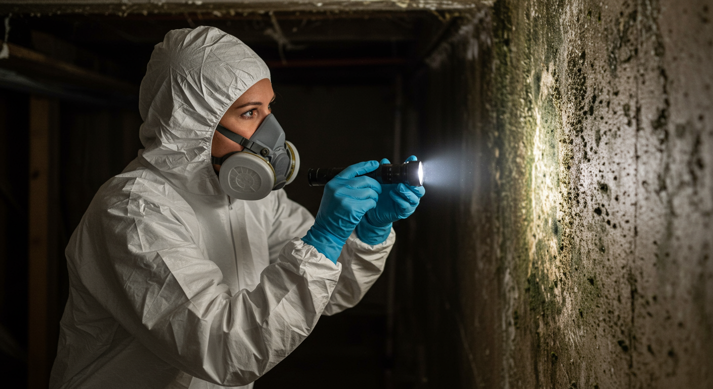 A professional mold inspector in protective gear examining a damp wall with a flashlight, highlighting areas of mold growth.