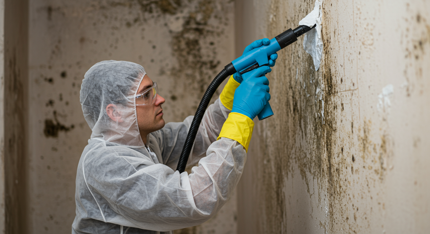 A technician actively removing mold from a wall using specialized equipment. The technician is focused on the task, illustrating the hands-on approach of professionals.