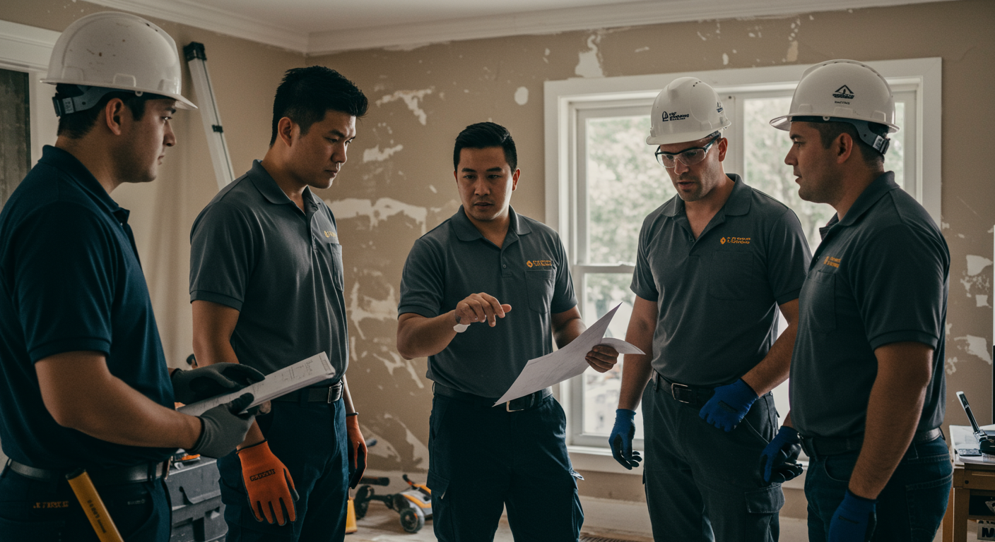 A team of flood repair contractors collaborating in a home, discussing restoration plans while examining water-damaged areas. The atmosphere is professional, with tools and equipment visible, emphasizing teamwork and expertise.