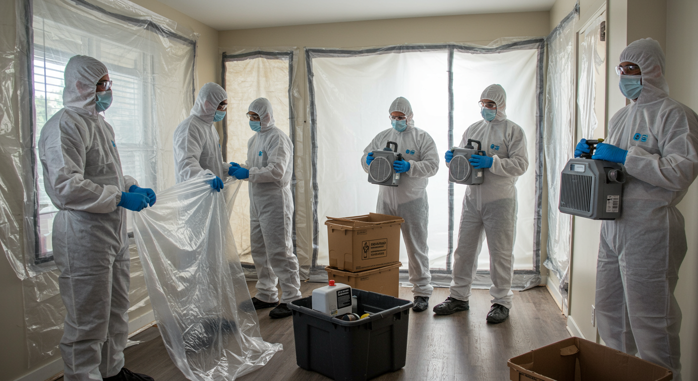 A team of certified mold remediation specialists sealing off a room with plastic sheeting and using air filtration devices.