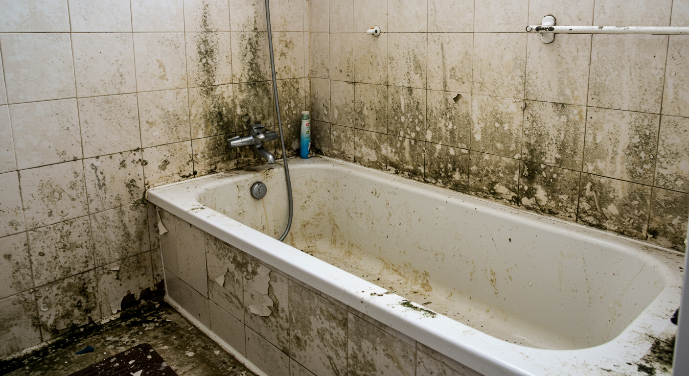 A bathroom scene showing visible mold around the bathtub and on the walls, with water stains and peeling paint. The image highlights the importance of addressing moisture issues in bathrooms.
