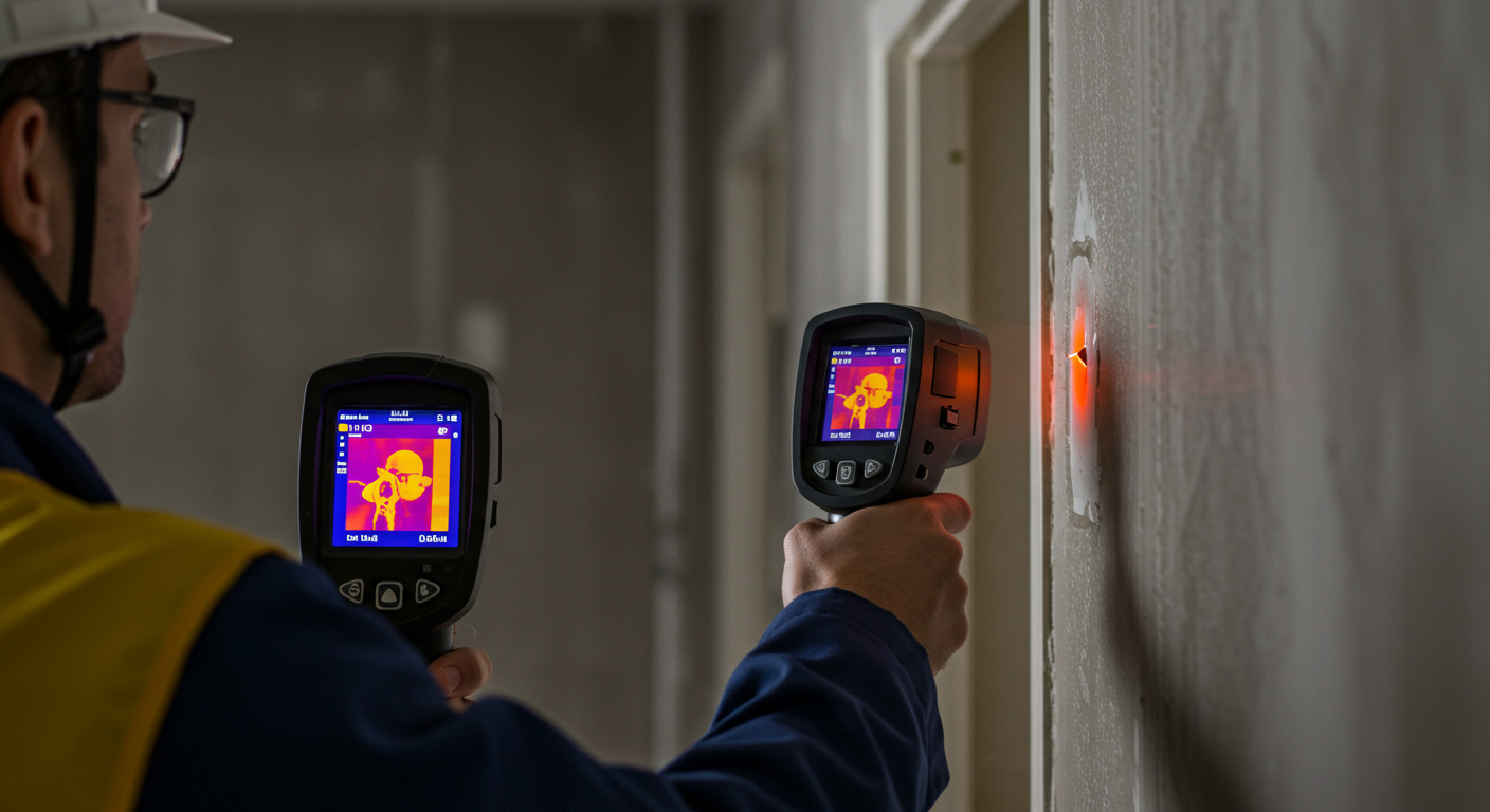 An indoor scene showing a mold inspector using a thermal imaging camera to detect moisture in a wall. The image captures the advanced technology used in mold inspections, highlighting professionalism.