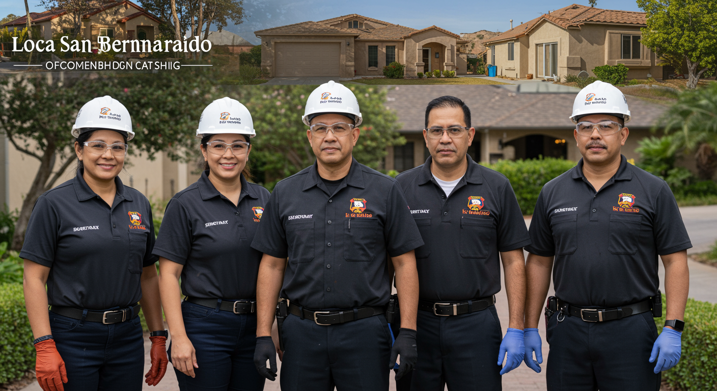 A local restoration team in San Bernardino, wearing uniforms and working together to restore a home. The background includes recognizable local landmarks to emphasize community involvement.