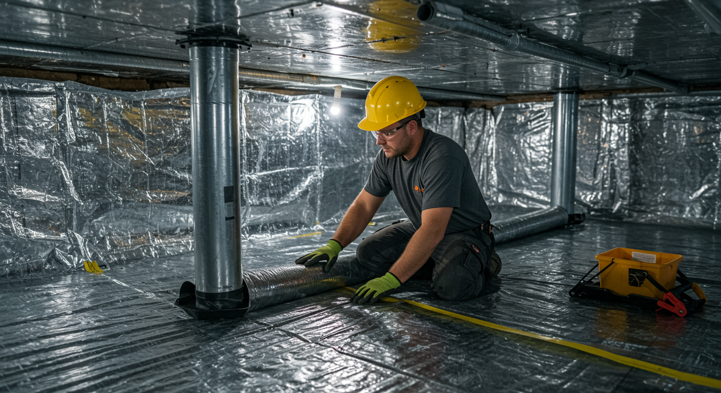 A technician installing a vapor barrier in a crawl space, demonstrating the process of encapsulation.