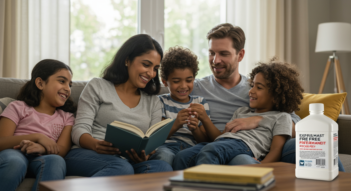 A happy family relaxing in their living room, showcasing a clean and mold-free environment. The scene emphasizes comfort and safety.
