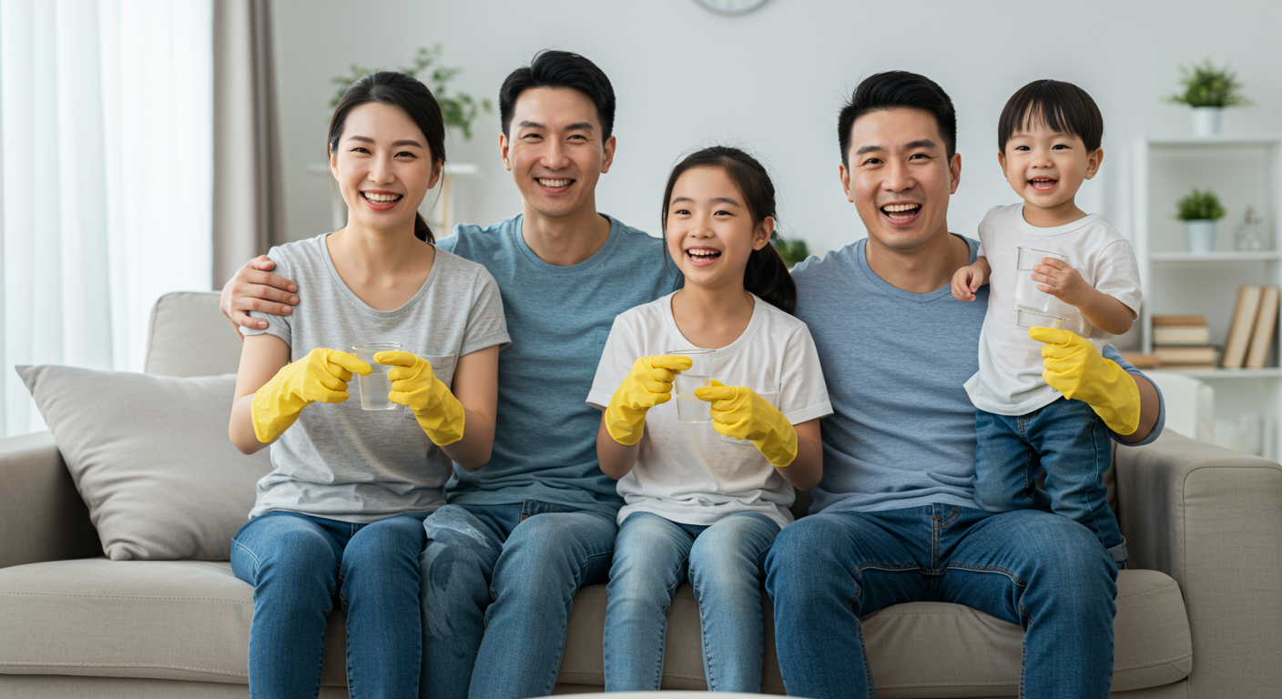 A family happily enjoying their clean home after mold removal. The image captures the family in a bright, airy living room, symbolizing safety and comfort post-remediation.