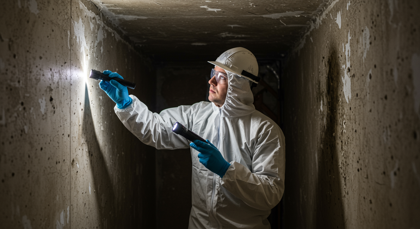 A professional wearing protective gear is inspecting a residential basement for mold growth. The focus is on the inspector examining a wall with a flashlight, revealing patches of mold.