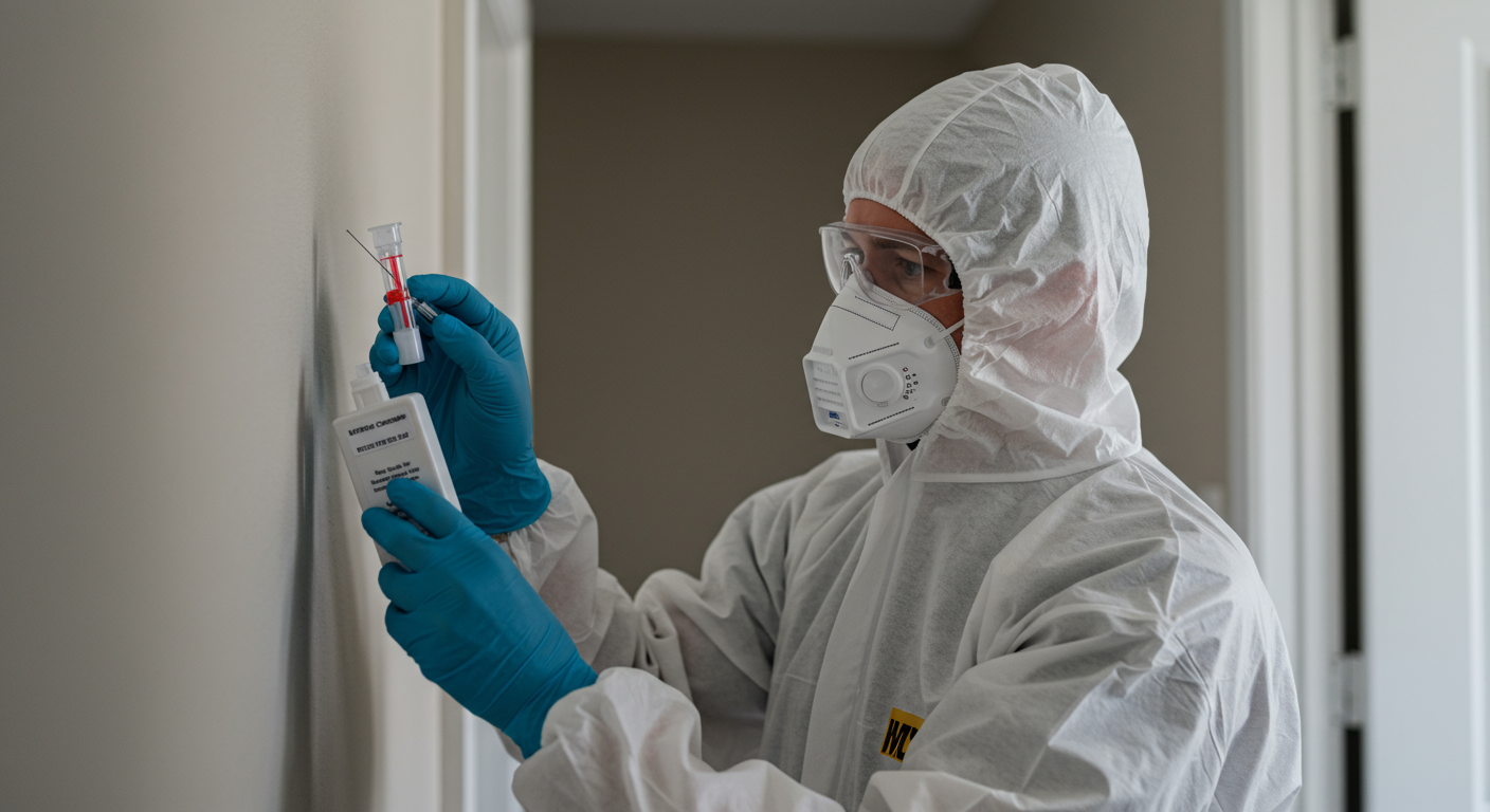 A professional mold inspector wearing protective gear, examining a wall in a home environment with a mold testing kit.