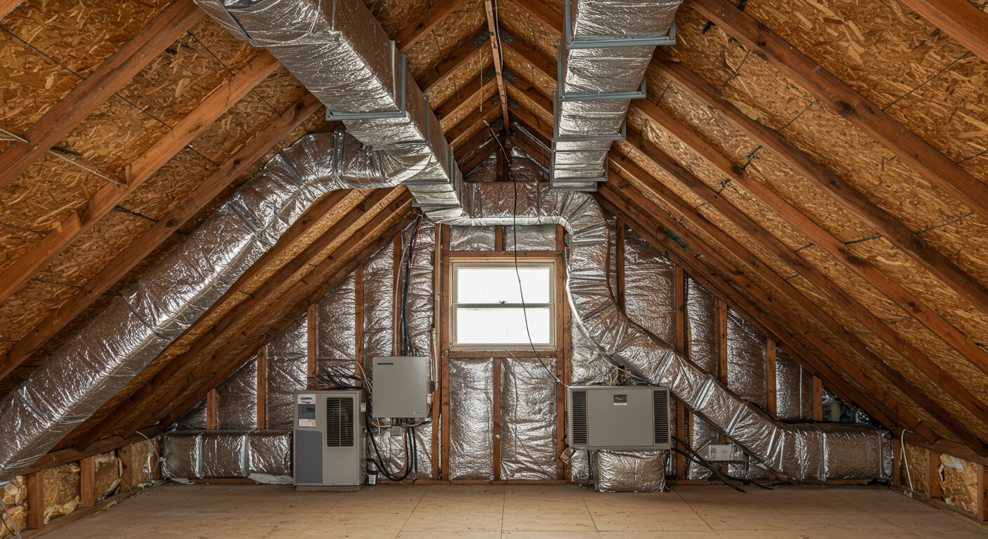 An attic with proper ventilation and insulation, illustrating preventive measures against mold growth. The image shows vents and dehumidifiers in place, emphasizing a clean and dry environment.
